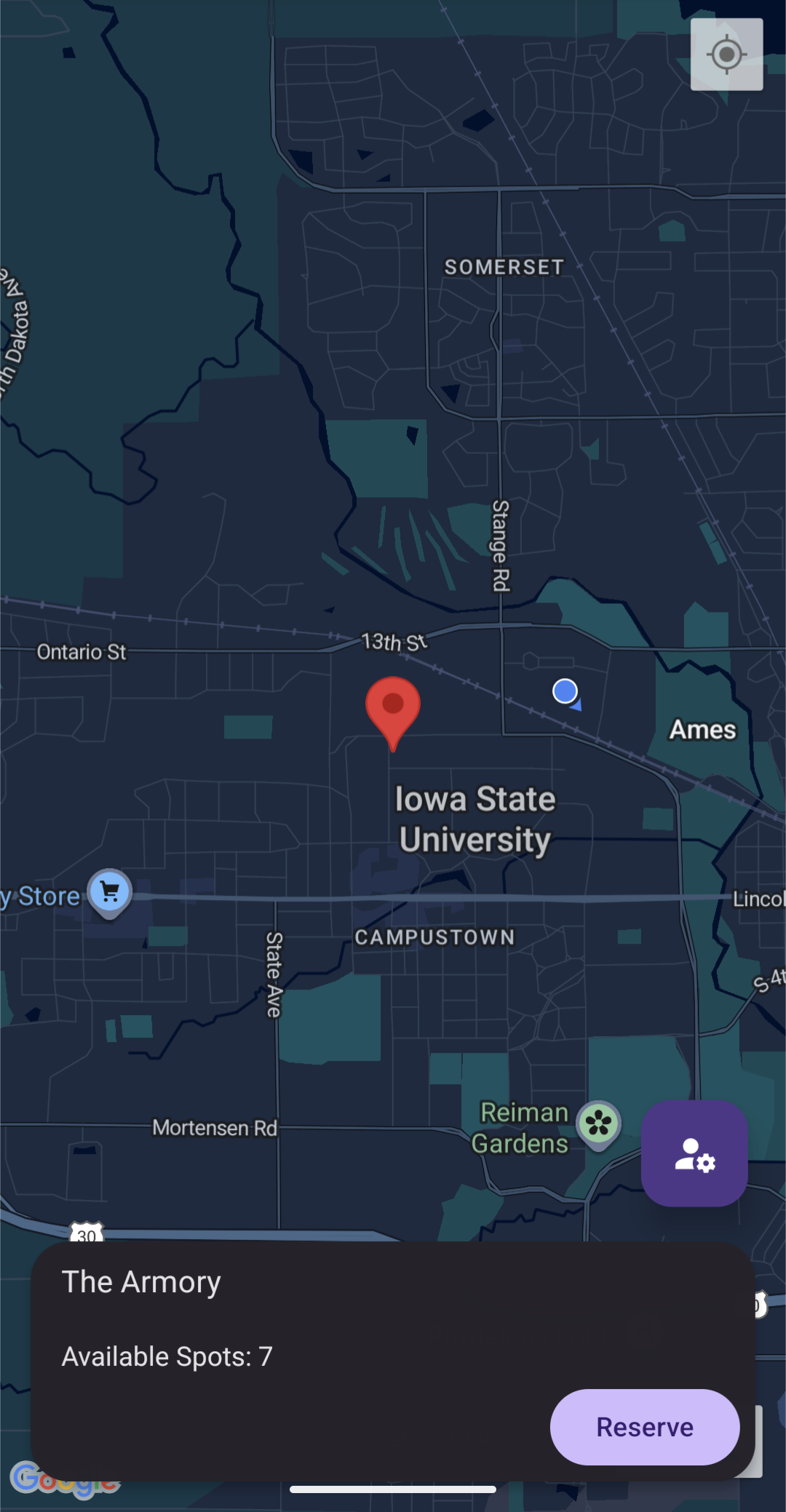 Map view of parking lots and their availability.